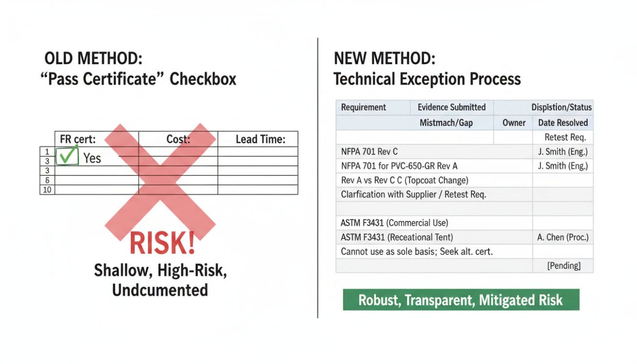 Infographic comparing a simple fire-certificate checkbox with a technical exception review process.